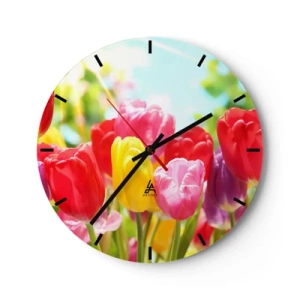 Reloj de pared - Reloj de vidrio - Tulipanes coloridos contra un cielo brillante y soleado. - 30x30cm - Somos nosotros, ¡los colores de mayo! - Decoración de pared moderna para salón, cocina y dormitorio ARTTOR