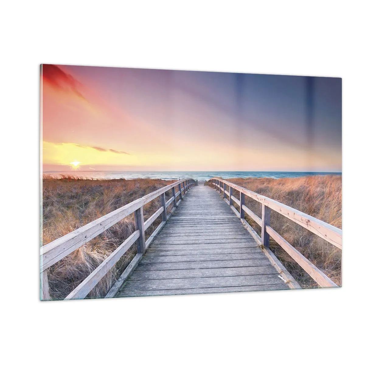 Cuadro sobre vidrio - Impresiones sobre Vidrio - Muelle de madera que conduce a la playa al atardecer - 120x80cm - Aurora vespertina del Báltico - Decoración de pared moderna para salón y dormitorio ARTTOR