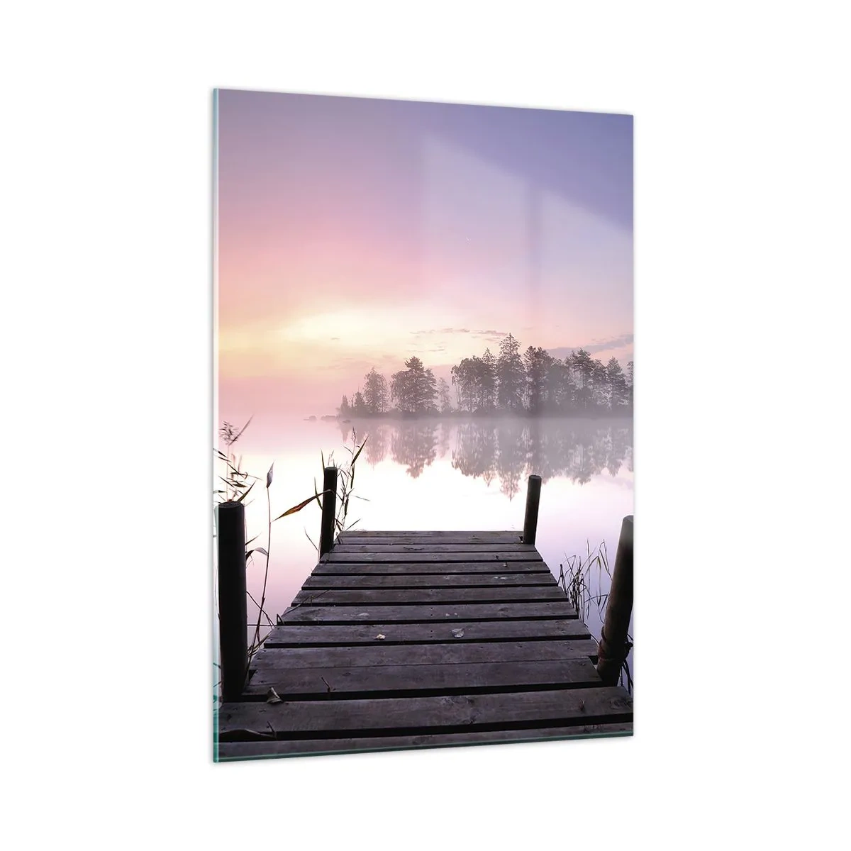 Cuadro sobre vidrio - Impresiones sobre Vidrio - Un muelle al amanecer sobre un lago tranquilo - 50x70cm - De la niebla lila... - Decoración de pared moderna para salón y dormitorio ARTTOR