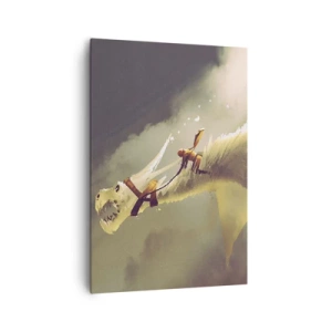 Cuadro sobre lienzo - Impresión de Imagen - Ilustración de un jinete de dragón en un paisaje de nubes de fantasía - 70x100cm - Al rescate - Decoración de pared moderna para salón y dormitorio ARTTOR