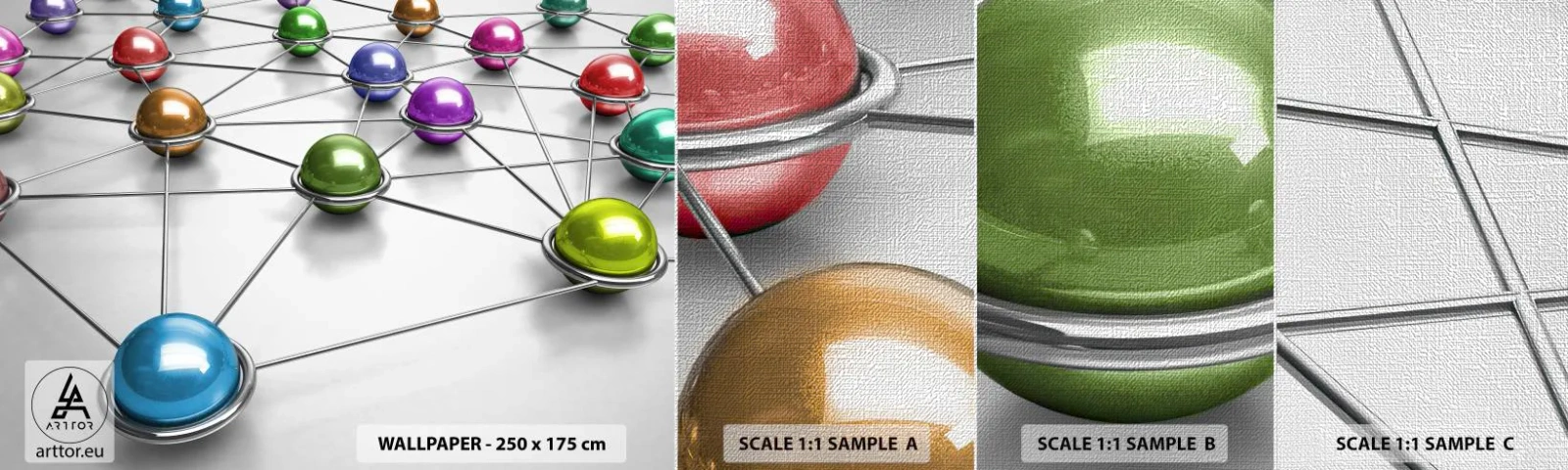 Muestra de fotomural Premium Canvas - Una red cósmica - Abstracción, bolas de metal, 3D - 100x30 cm