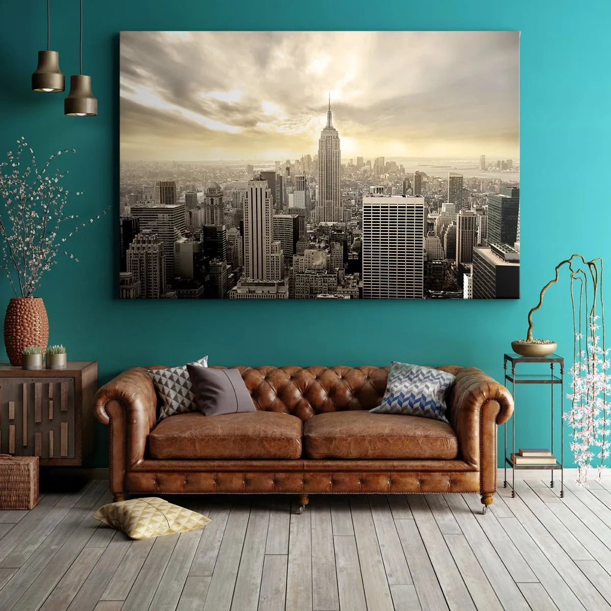 Cuadro sobre lienzo - Impresión de Imagen - Panorama de la ciudad con vista al Empire State Building - 100x70cm - Tejido neoyorquino en tonos grises - Decoración de pared moderna para salón y dormitorio ARTTOR