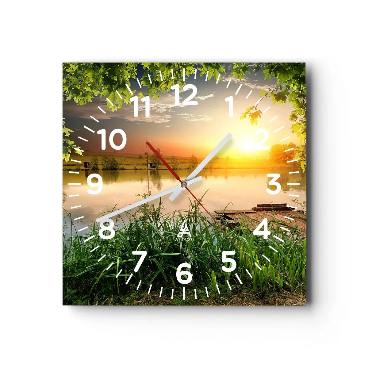 Reloj de pared - Reloj de vidrio - Paisaje en un marco verde - 30x30 cm