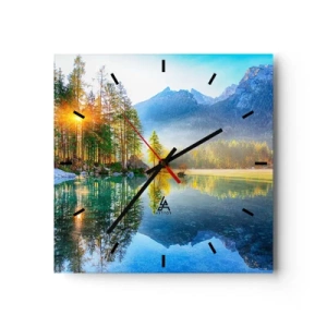 Reloj de pared - Reloj de vidrio - Un lago rodeado de montañas y bosques bajo los rayos del sol. - 30x30cm - Majestuosidad y dulzura - Decoración de pared moderna para salón y dormitorio ARTTOR