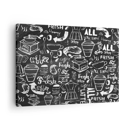 Cuadro sobre lienzo - Impresión de Imagen - Gráficos de café elegantes sobre un fondo negro. - 70x50cm - All you need is… - Decoración de pared moderna para salón y dormitorio ARTTOR