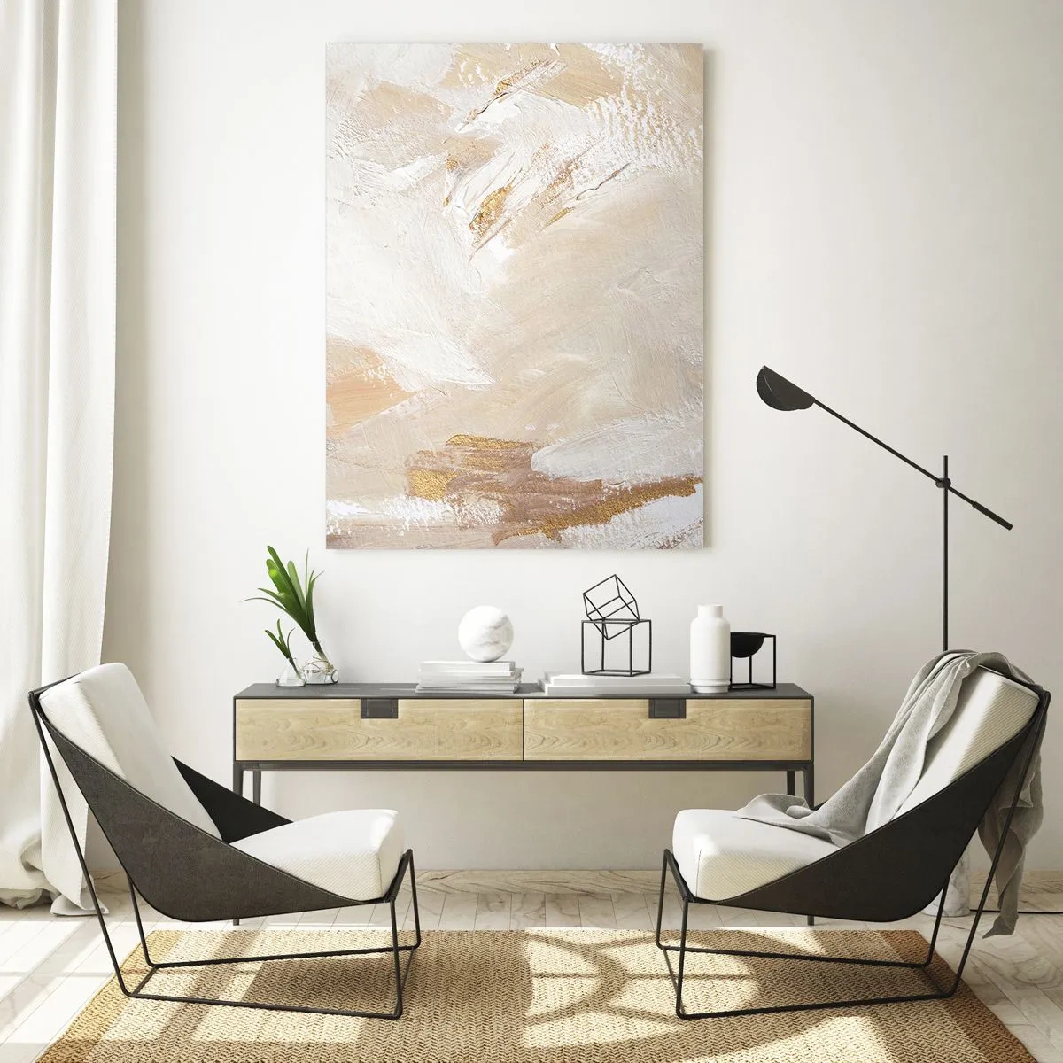 Cuadro sobre vidrio - Impresiones sobre Vidrio - Abstracción beige y blanca con acentos dorados. - 50x70cm - Composición en pastel - Decoración de pared moderna para salón y dormitorio ARTTOR
