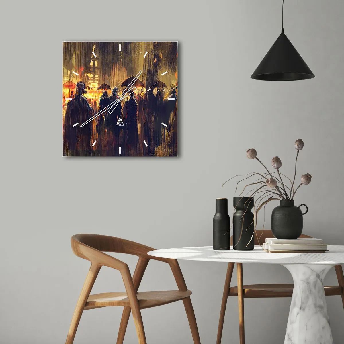 Reloj de pared - Reloj de vidrio - Figuras con paraguas en una ciudad lluviosa por la noche - 30x30cm - Seguidores de la lluvia - Decoración de pared moderna para salón y dormitorio ARTTOR
