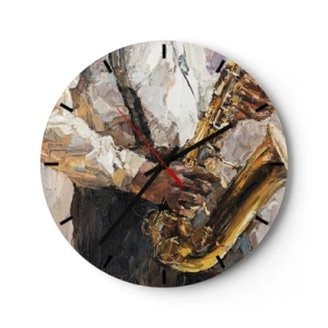 Reloj de pared - Reloj de vidrio - Una pintura artística que representa a un músico tocando el saxofón. - 30x30cm - Llegó el momento del solo - Decoración de pared moderna para salón, cocina y dormitorio ARTTOR
