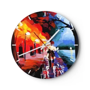 Reloj de pared - Reloj de vidrio - Un paisaje colorido con una pareja caminando bajo la luz de una farola. - 30x30cm - Otoño en el parque - Decoración de pared moderna para salón, cocina y dormitorio ARTTOR