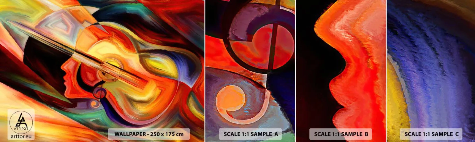 Muestra de fotomural autoadhesivo Deluxe Sticker - Juego musical - Abstracción, cara de mujer, Violín - 100x30 cm