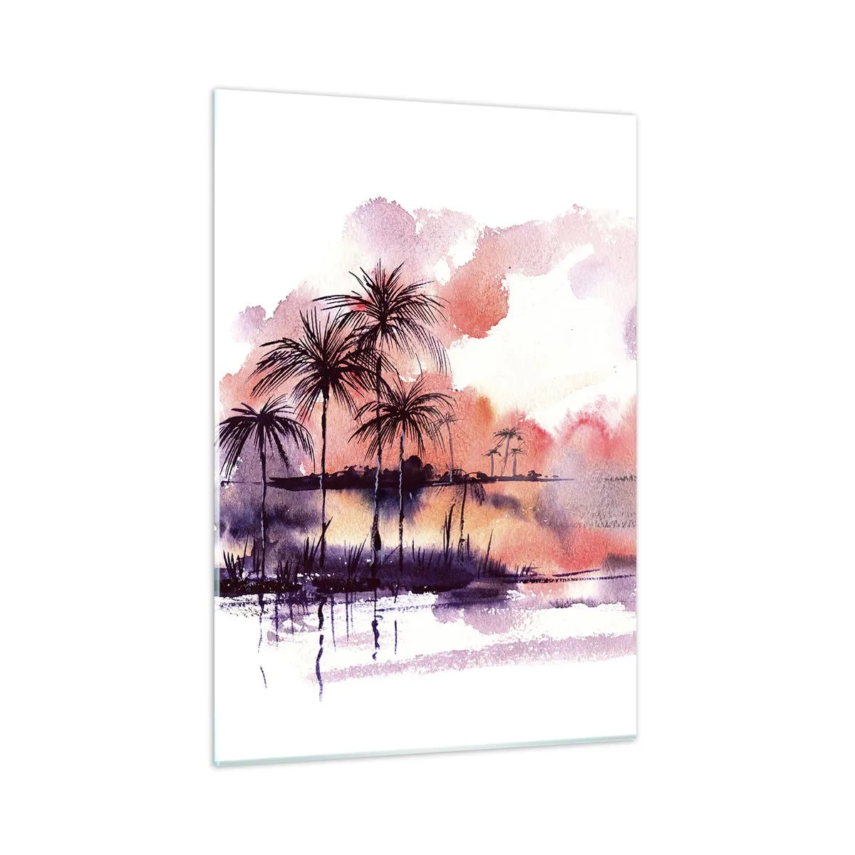 Cuadro sobre vidrio - Impresiones sobre Vidrio - Paisaje tropical al atardecer en acuarela - 50x70cm - La calma de los trópicos en rojo - Decoración de pared moderna para salón y dormitorio ARTTOR