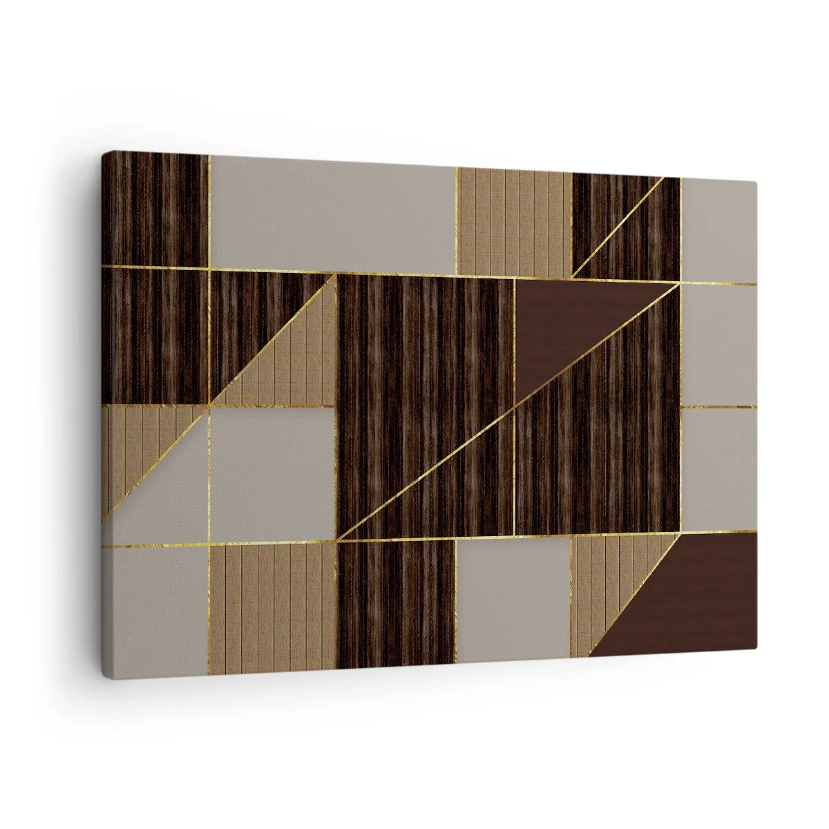 Cuadro sobre lienzo - Impresión de Imagen - Patrones geométricos en tonos marrones con líneas doradas. - 70x50cm - Un mosaico de marrones y dorados - Decoración de pared moderna para salón y dormitorio ARTTOR
