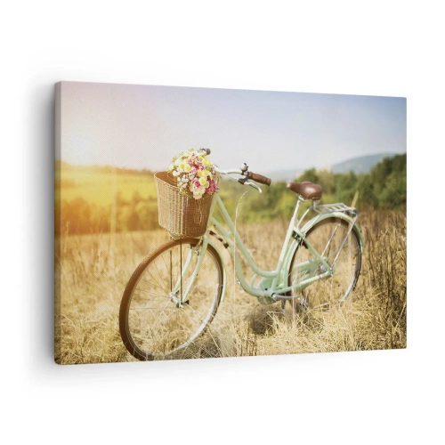 Cuadro sobre lienzo - Impresión de Imagen - Una bicicleta retro con una cesta llena de flores sobre un fondo de pradera. - 70x50cm - Me quedaré aquí un tiempo - Decoración de pared moderna para salón y dormitorio ARTTOR