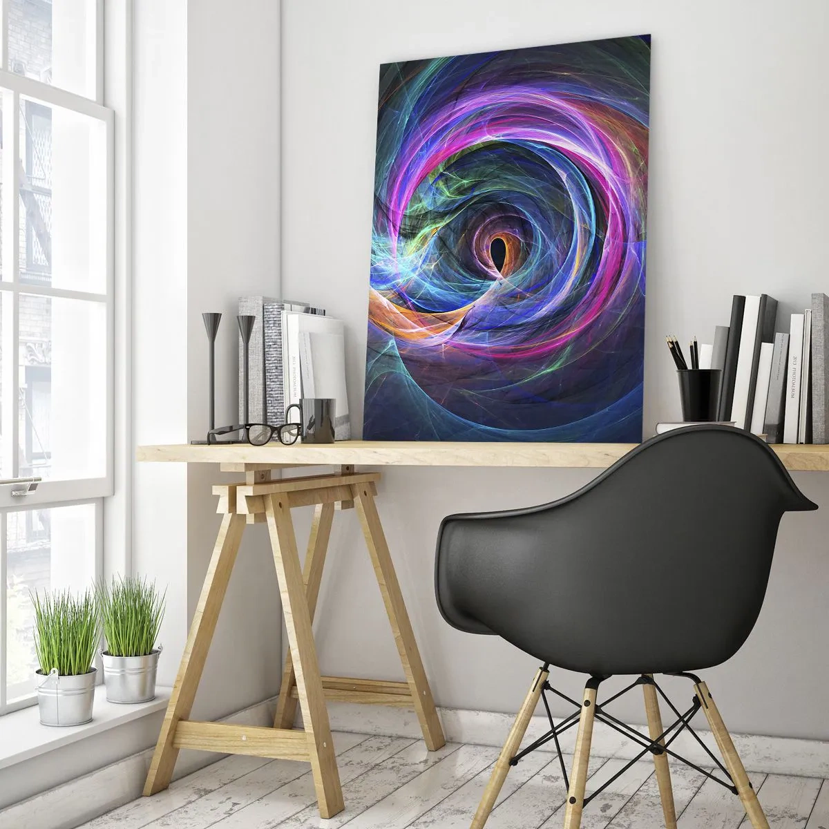Cuadro sobre vidrio - Impresiones sobre Vidrio - Una espiral abstracta en colores intensos sobre un fondo oscuro. - 50x70cm - ¿Dónde me llevarás? - Decoración de pared moderna para salón y dormitorio ARTTOR