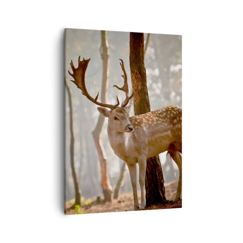 Cuadro sobre lienzo - Impresión de Imagen - Ciervos en el bosque en la niebla de la mañana. - 50x70cm - La luz de la juventud - Decoración de pared moderna para salón y dormitorio ARTTOR