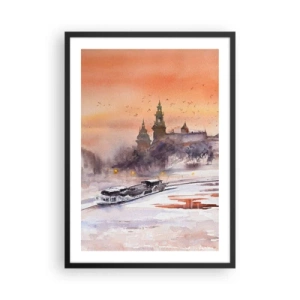 Póster en marco negro - Paisaje urbano en acuarela al atardecer - 50x70cm - Atardecer real - Decoración de pared moderna para salón y dormitorio ARTTOR