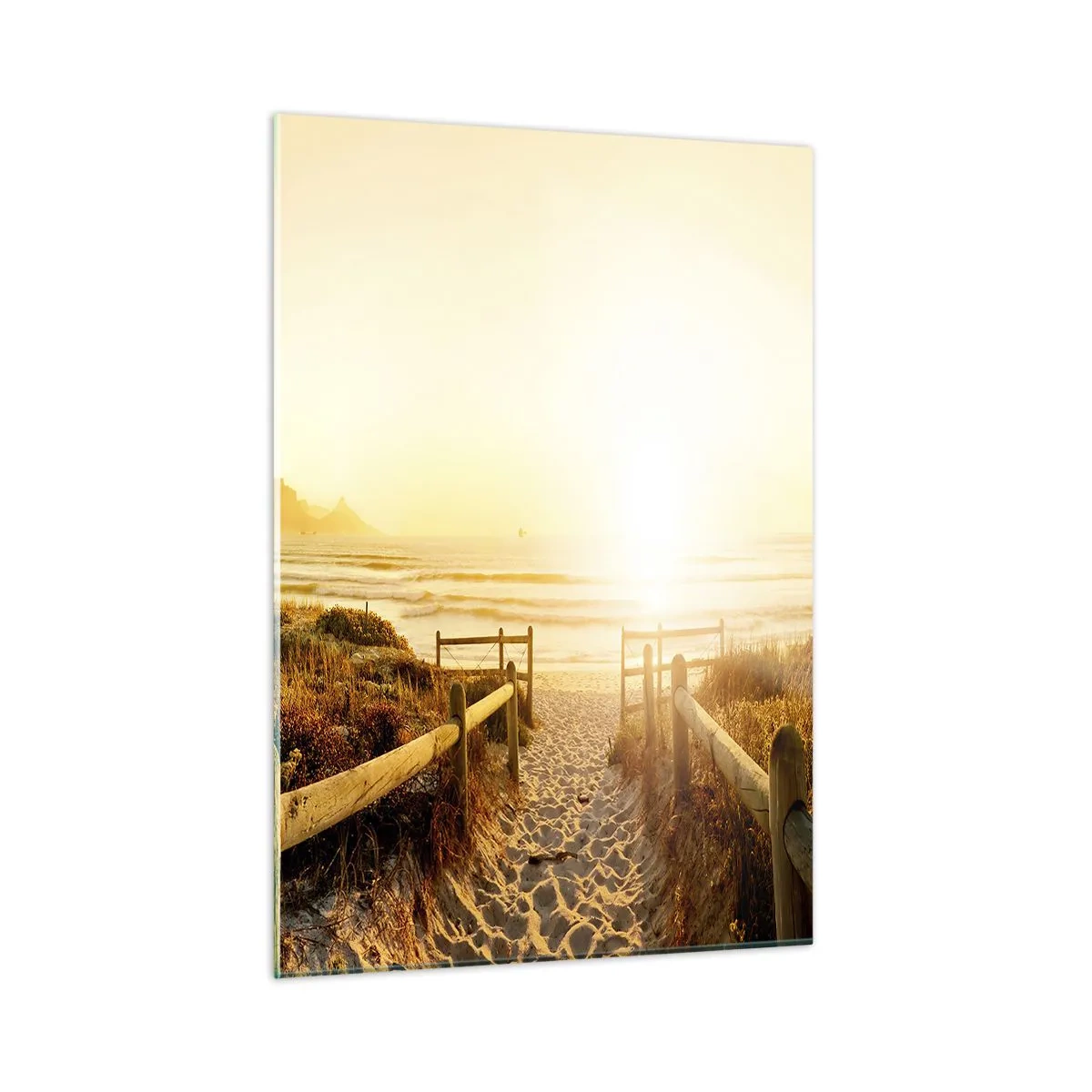 Cuadro sobre vidrio - Impresiones sobre Vidrio - Camino sobre la duna que conduce a la playa al atardecer - 50x70cm - A través de la duna, hacia el sol - Decoración de pared moderna para salón y dormitorio ARTTOR