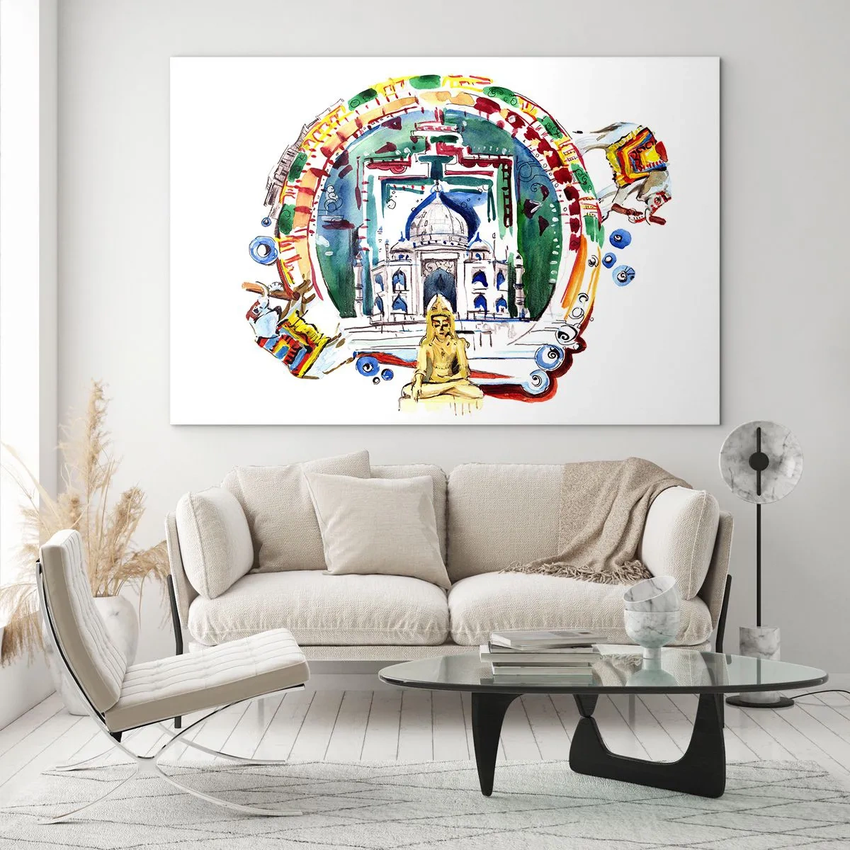 Cuadro sobre vidrio - Impresiones sobre Vidrio - Ilustración colorida de monumentos indios en estilo acuarela - 70x50cm - Hindú - Decoración de pared moderna para salón y dormitorio ARTTOR
