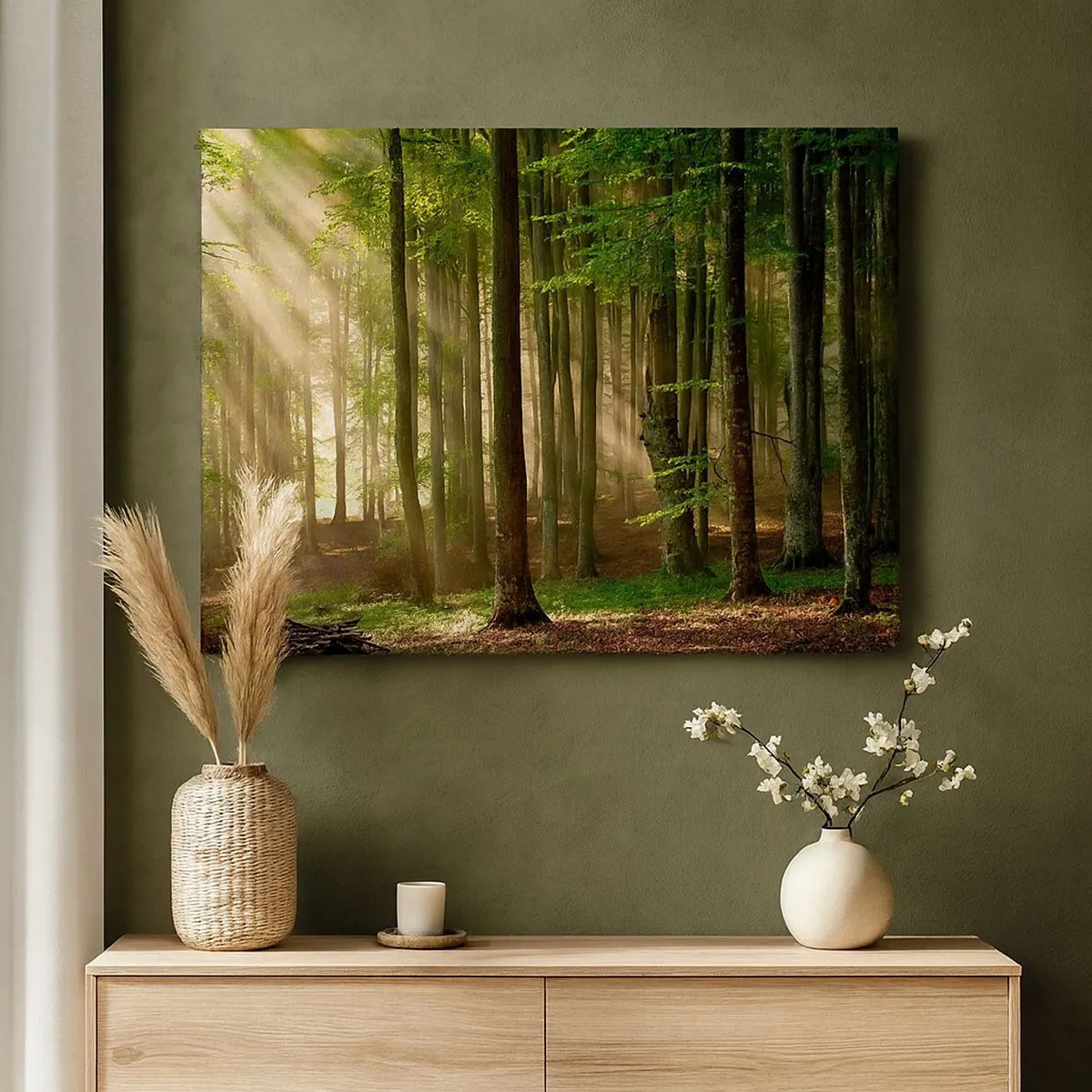 Cuadro sobre lienzo - Impresión de Imagen - Los rayos del sol penetran a través de los árboles en el bosque. - 70x50cm - Radiante en una mañana de primavera - Decoración de pared moderna para salón y dormitorio ARTTOR