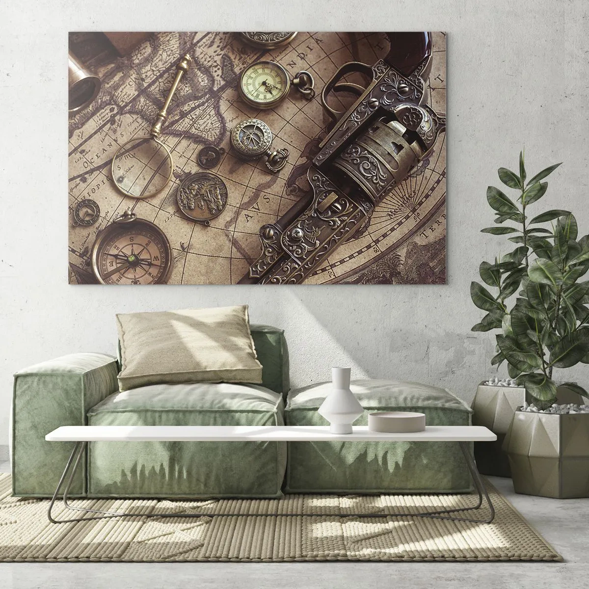 Cuadro sobre vidrio - Impresiones sobre Vidrio - Objetos antiguos y un mapa - 70x50cm - La aventura llama - Decoración de pared moderna para salón y dormitorio ARTTOR