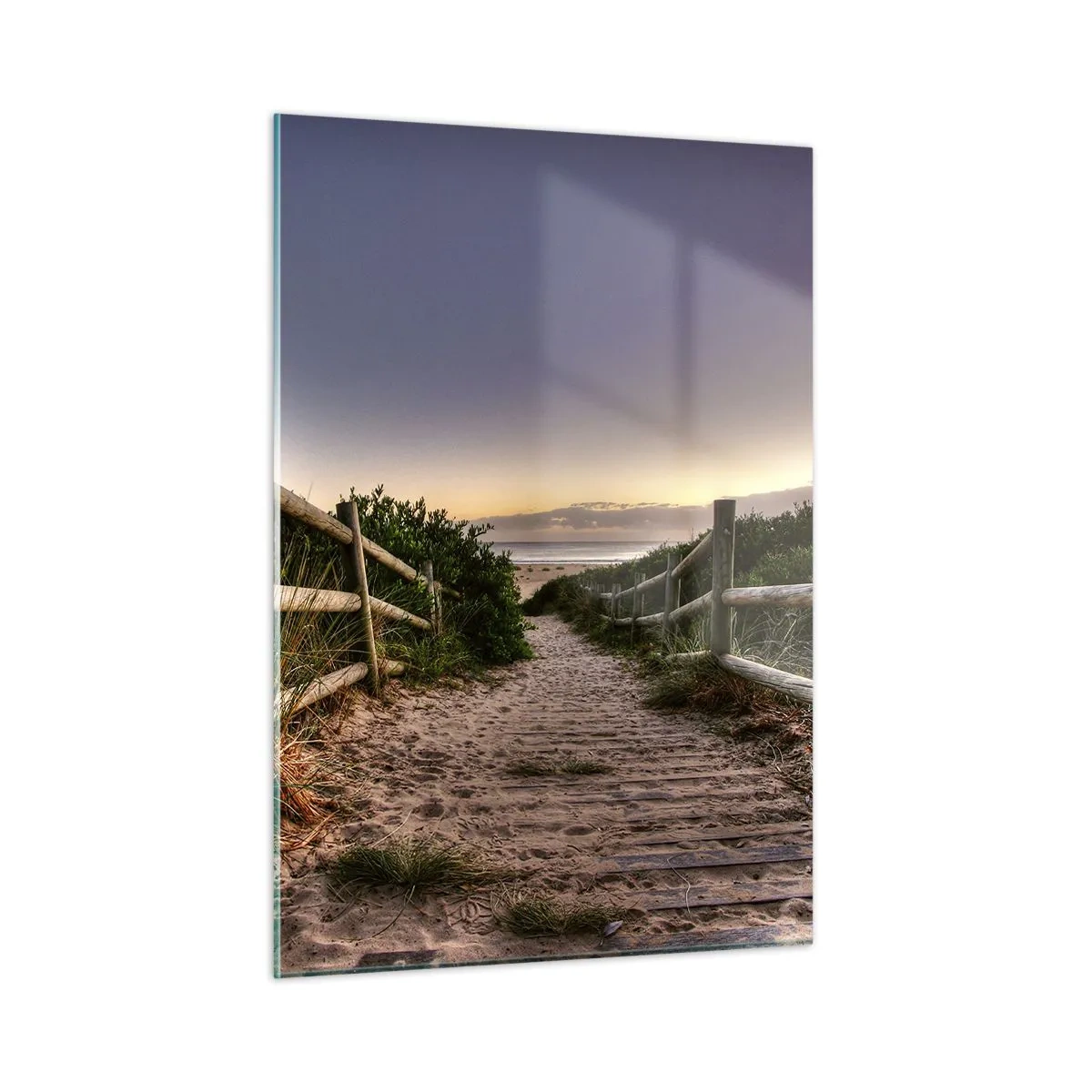 Cuadro sobre vidrio - Impresiones sobre Vidrio - Camino a la playa al atardecer - 50x70cm - Objetivo a la vista - Decoración de pared moderna para salón y dormitorio ARTTOR