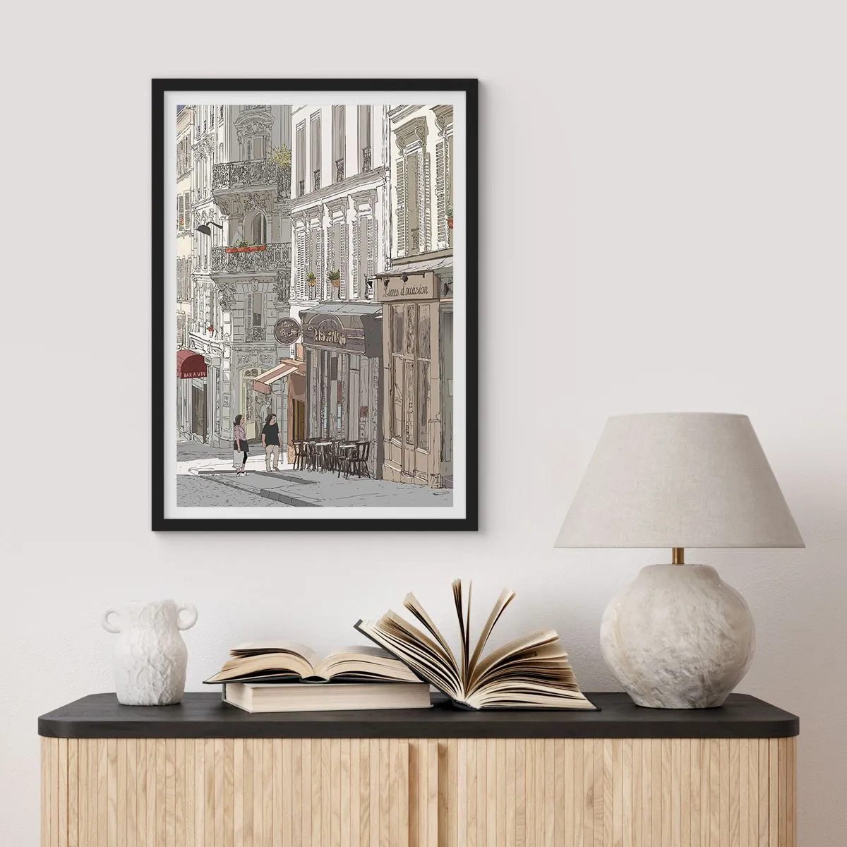 Póster en marco negro - Ilustración de una encantadora calle de estilo parisino - 50x70cm - Alegrías urbanas - Decoración de pared moderna para salón y dormitorio ARTTOR