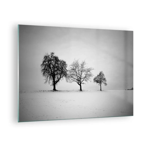 Cuadro sobre vidrio - Impresiones sobre Vidrio - Tres árboles solitarios en una zona cubierta de nieve. - 70x50cm - ¿Con qué sueñan? - Decoración de pared moderna para salón y dormitorio ARTTOR