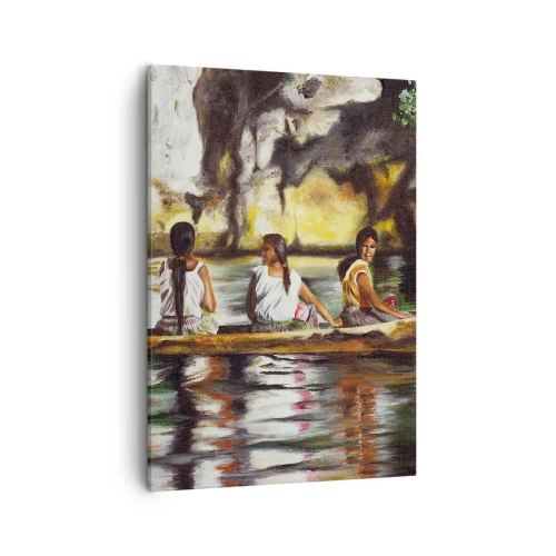 Cuadro sobre lienzo - Impresión de Imagen - Mujeres en un bote en un río tranquilo con un fondo pintoresco - 50x70cm - En un paraíso polinesio - Decoración de pared moderna para salón y dormitorio ARTTOR
