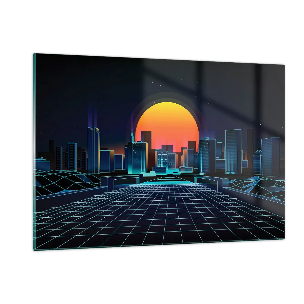 Cuadro sobre vidrio - Impresiones sobre Vidrio - Panorama de ciudad futurista con puesta de sol - 120x80cm - ¿Todavía deseas volver a la realidad? - Decoración de pared moderna para salón y dormitorio ARTTOR