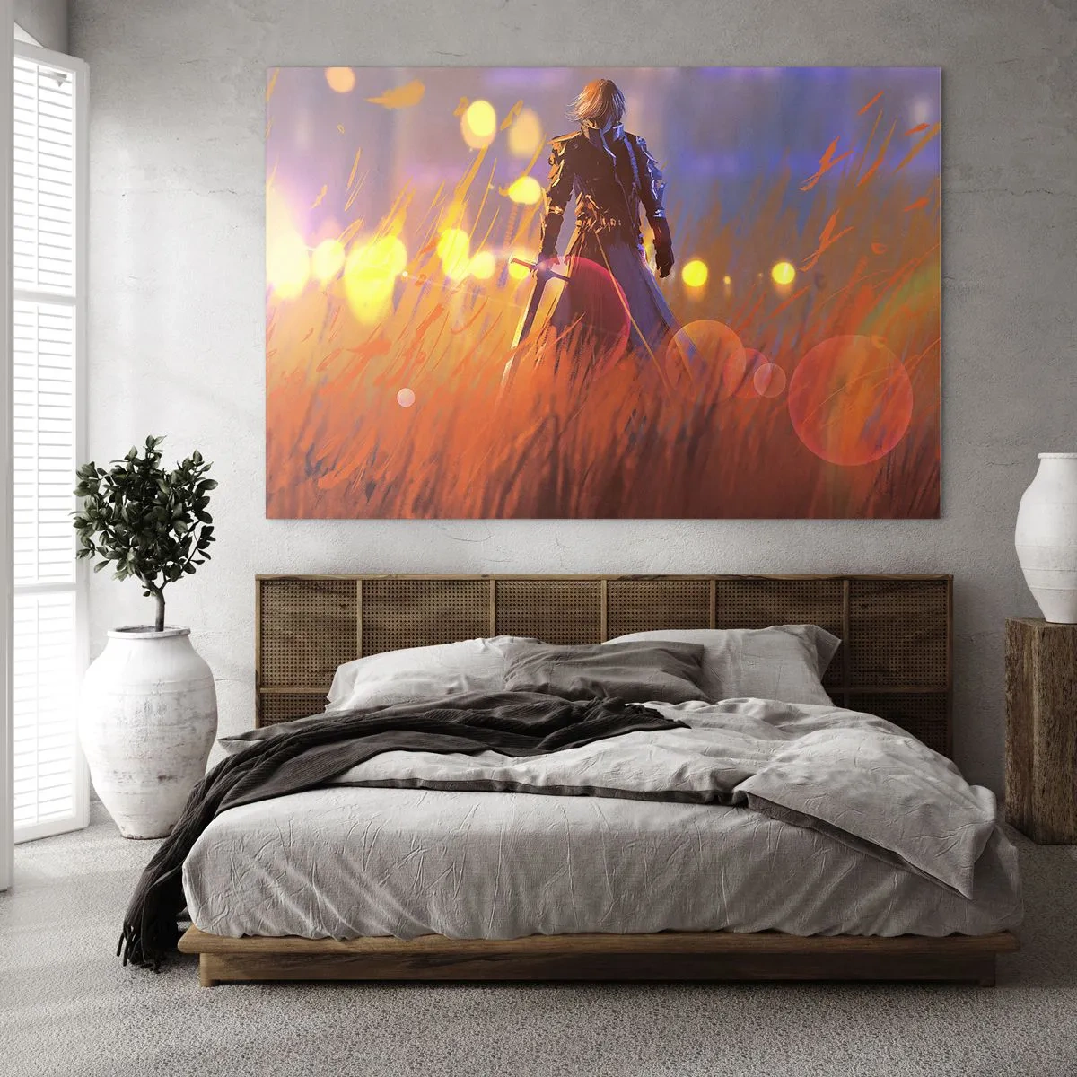 Cuadro sobre vidrio - Impresiones sobre Vidrio - Una figura con armadura entre hierba naranja con un fondo luminoso. - 100x70cm - El caballero equivocado - Decoración de pared moderna para salón y dormitorio ARTTOR