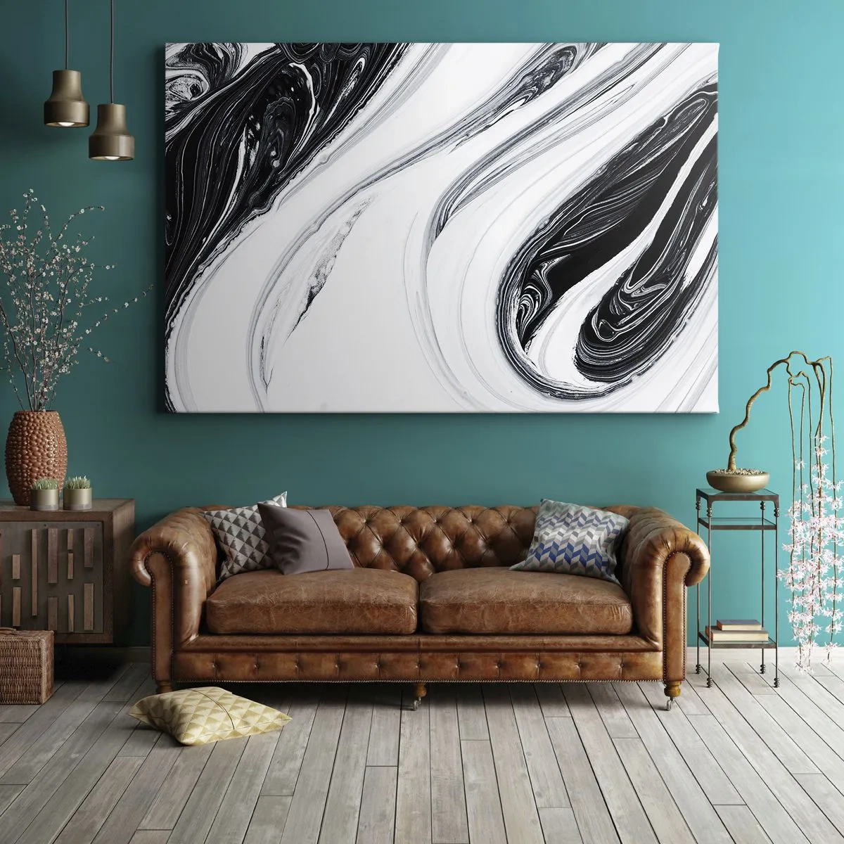 Cuadro sobre lienzo - Impresión de Imagen - Abstracción en blanco y negro con líneas dinámicas y remolinos. - 120x80cm - Combinando opuestos - Decoración de pared moderna para salón y dormitorio ARTTOR