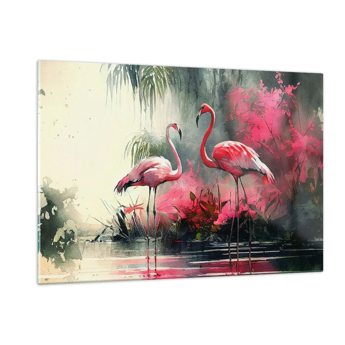 Cuadro sobre vidrio - Impresiones sobre Vidrio - Dos flamencos en un entorno tropical junto al agua. - 120x80cm - Una lección de encanto natural - Decoración de pared moderna para salón y dormitorio ARTTOR