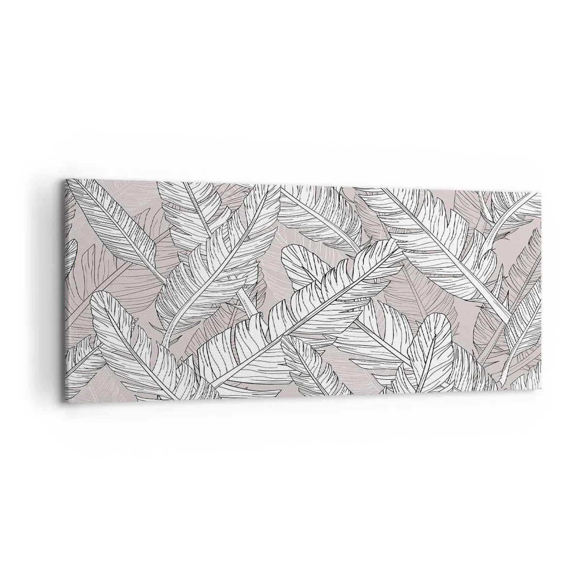 Cuadro sobre lienzo - Impresión de Imagen - Patrón en blanco y negro con hojas de plátano sobre un fondo claro. - 120x50cm - Turbulencias de plumas - Decoración de pared moderna para salón y dormitorio ARTTOR