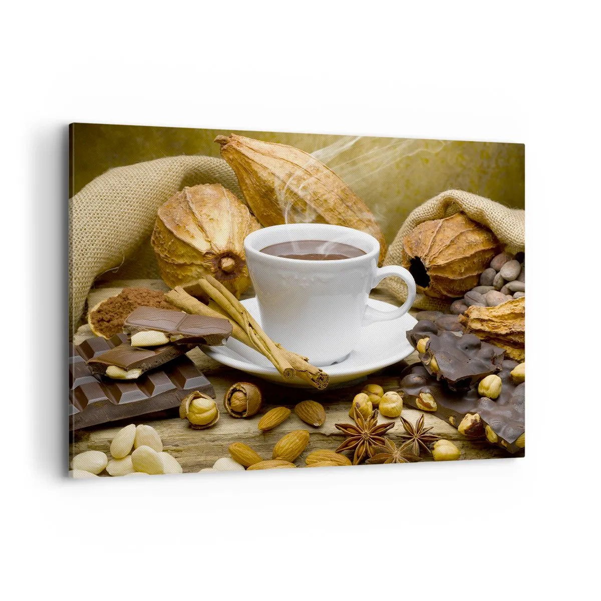 Cuadro sobre lienzo - Impresión de Imagen - Una taza de chocolate caliente rodeada de cacao y canela. - 100x70cm - Para los que buscan emociones - Decoración de pared moderna para salón y dormitorio ARTTOR