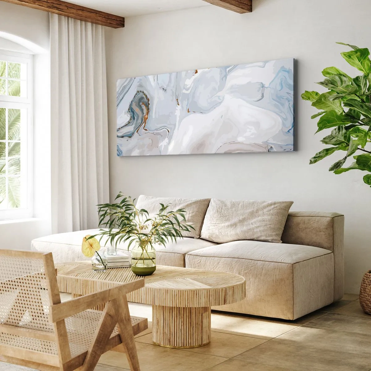 Cuadro sobre lienzo - Impresión de Imagen - Ondas abstractas en tonos azules y blancos - 120x50cm - Blanco fusión - Decoración de pared moderna para salón y dormitorio ARTTOR