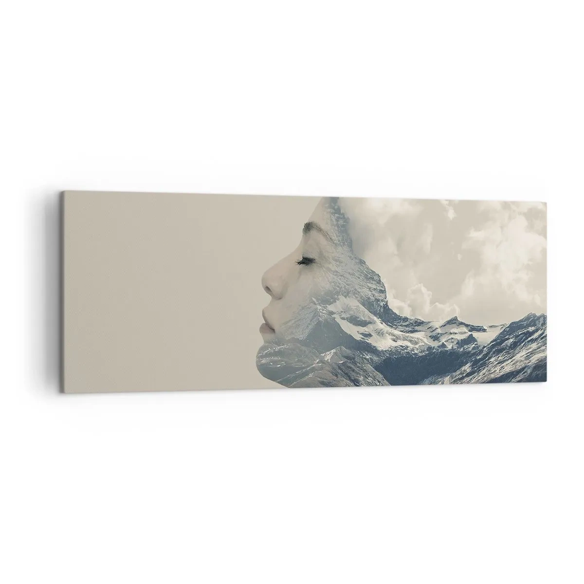 Cuadro sobre lienzo - Impresión de Imagen - Silueta de una mujer con un paisaje montañoso al fondo - 140x50cm - La belleza de los elementos - Decoración de pared moderna para salón y dormitorio ARTTOR