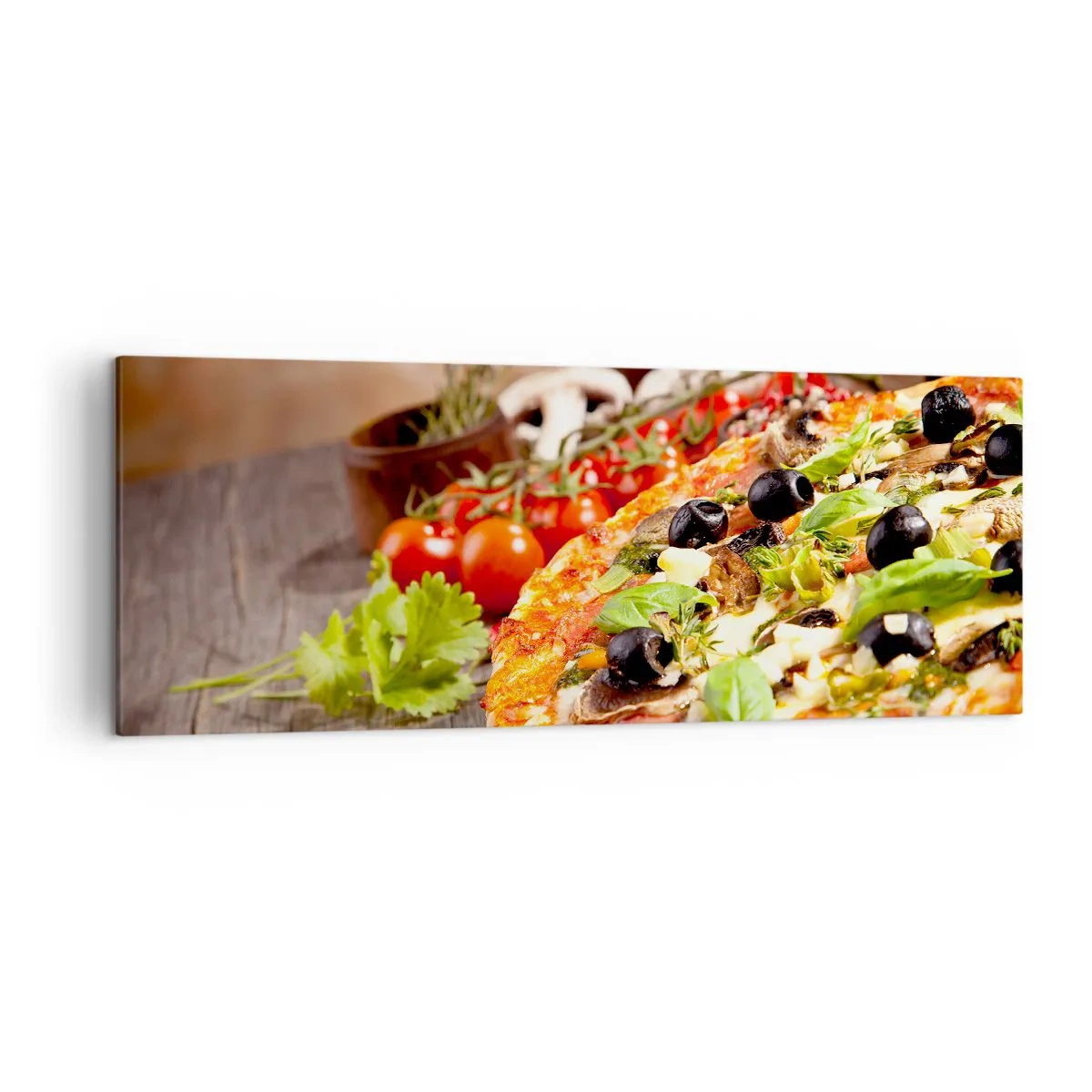Cuadro sobre lienzo - Impresión de Imagen - Pizza con aceitunas, albahaca e ingredientes frescos sobre un fondo de madera. - 140x50cm - De ingredientes puros - Decoración de pared moderna para salón y dormitorio ARTTOR