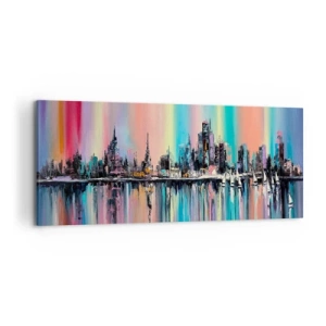 Cuadro sobre lienzo - Impresión de Imagen - Paisaje urbano colorido con reflejo en el agua - 120x50cm - Flota con la luz de la noche - Decoración de pared moderna para salón y dormitorio ARTTOR