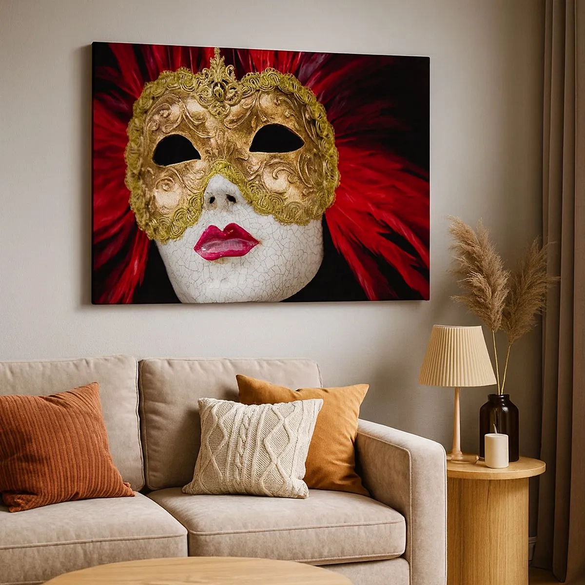 Cuadro sobre lienzo - Impresión de Imagen - Máscara veneciana dorada con plumas rojas - 70x50cm - Promesa de aventura carnavalesca - Decoración de pared moderna para salón y dormitorio ARTTOR