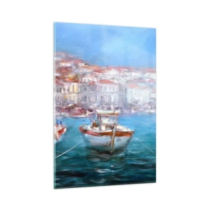 Cuadro sobre vidrio - Impresiones sobre Vidrio - Barcos en una pintoresca bahía italiana - 80x120cm - Bahía italiana - Decoración de pared moderna para salón y dormitorio ARTTOR