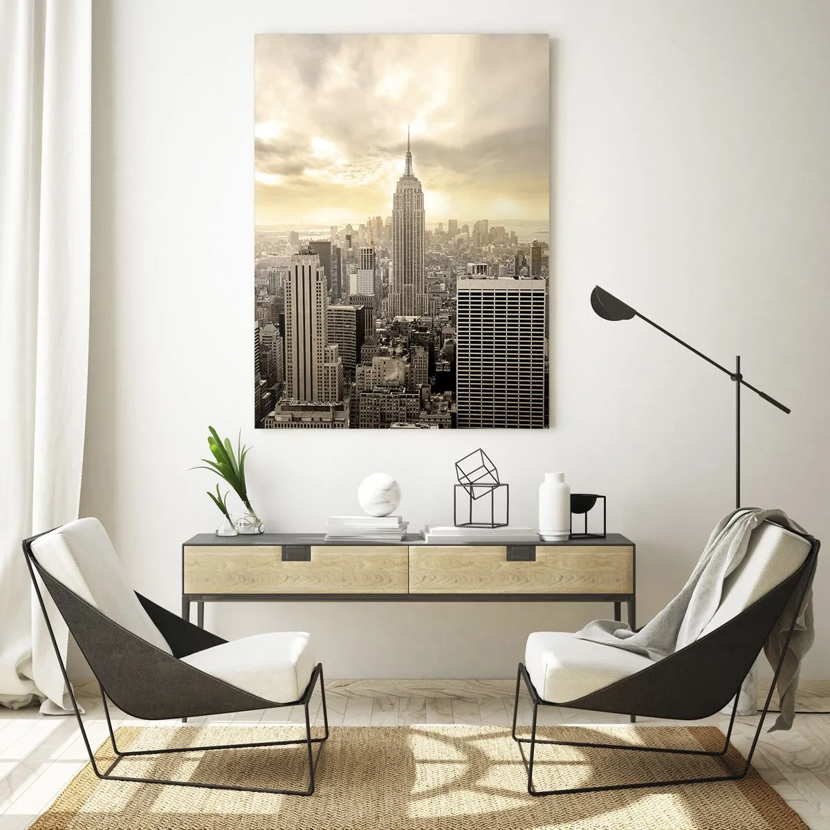 Cuadro sobre vidrio - Impresiones sobre Vidrio - Panorama de la ciudad con vista al Empire State Building - 80x120cm - Tejido neoyorquino en tonos grises - Decoración de pared moderna para salón y dormitorio ARTTOR