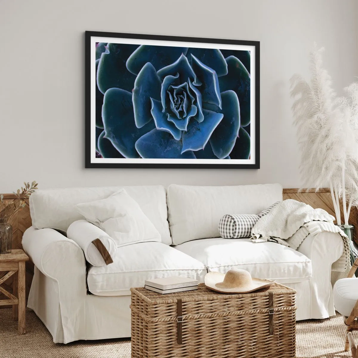 Póster en marco negro - Primer plano de una roseta suculenta verde - 70x50cm - Flor del desierto - Decoración de pared moderna para salón y dormitorio ARTTOR