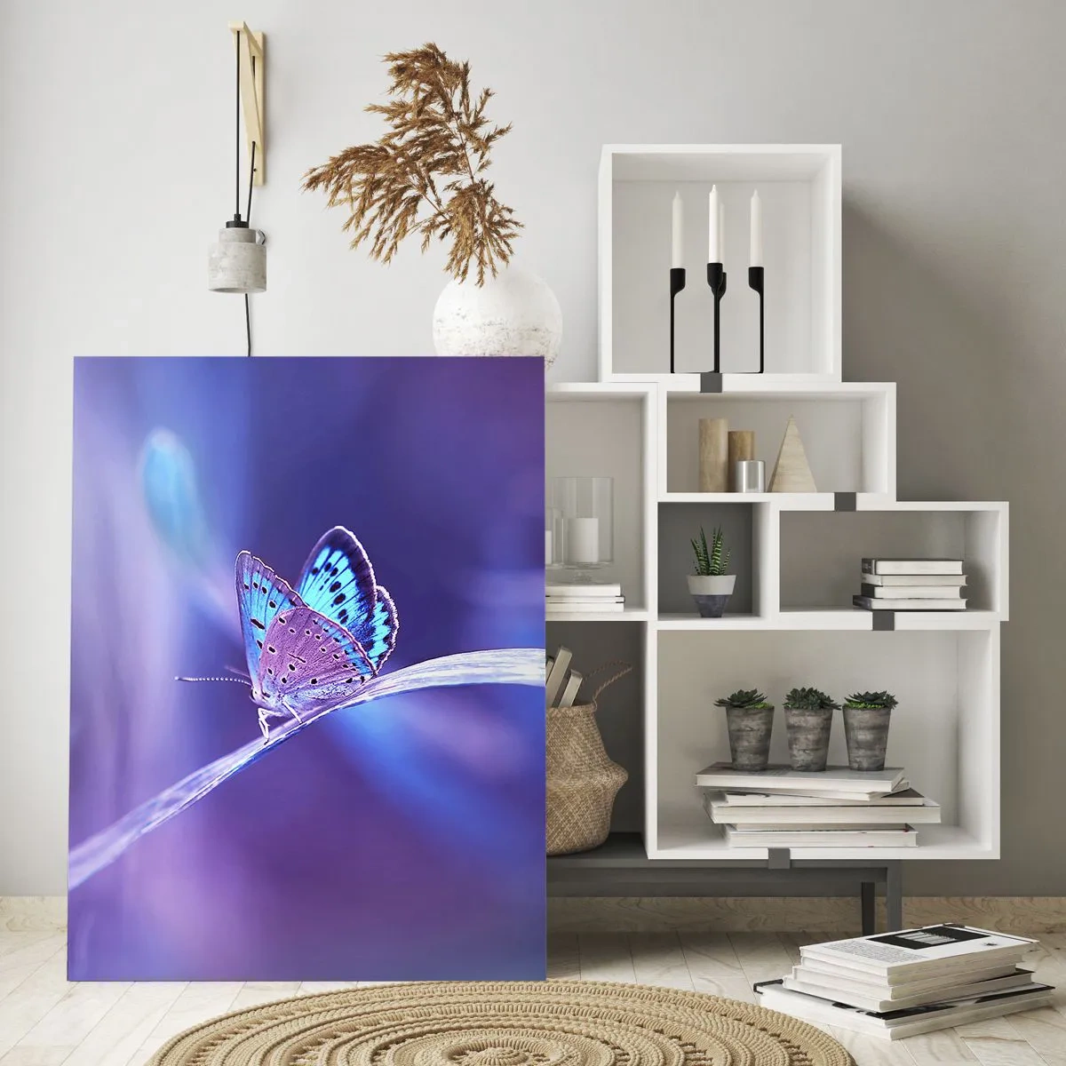 Cuadro sobre vidrio - Impresiones sobre Vidrio - Mariposa sobre un fondo de luz violeta - 50x70cm - Una joya de la naturaleza - Decoración de pared moderna para salón y dormitorio ARTTOR