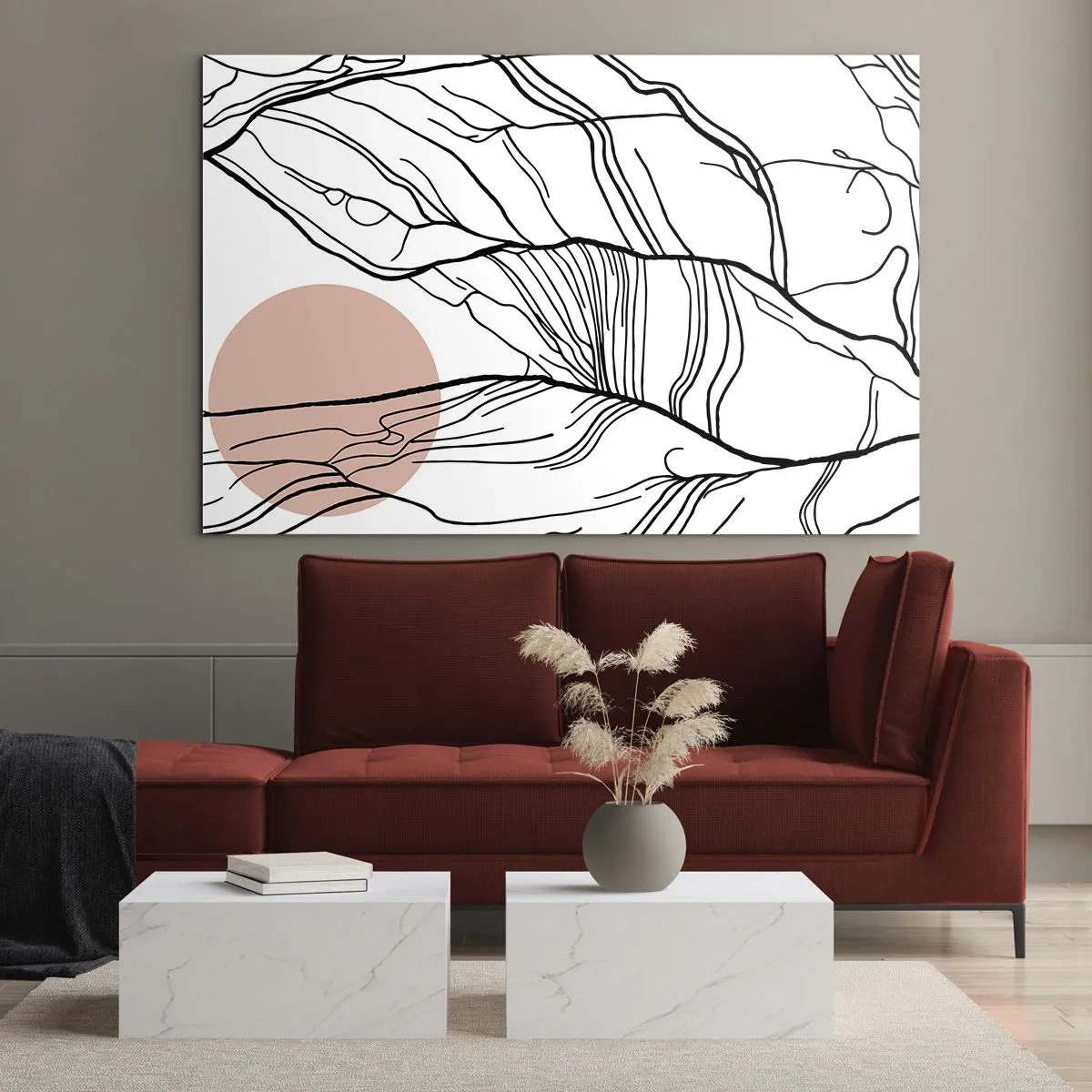Cuadro sobre vidrio - Impresiones sobre Vidrio - Líneas sombreadas de ramas con un sol beige - 70x50cm - En una red de ramas - Decoración de pared moderna para salón y dormitorio ARTTOR