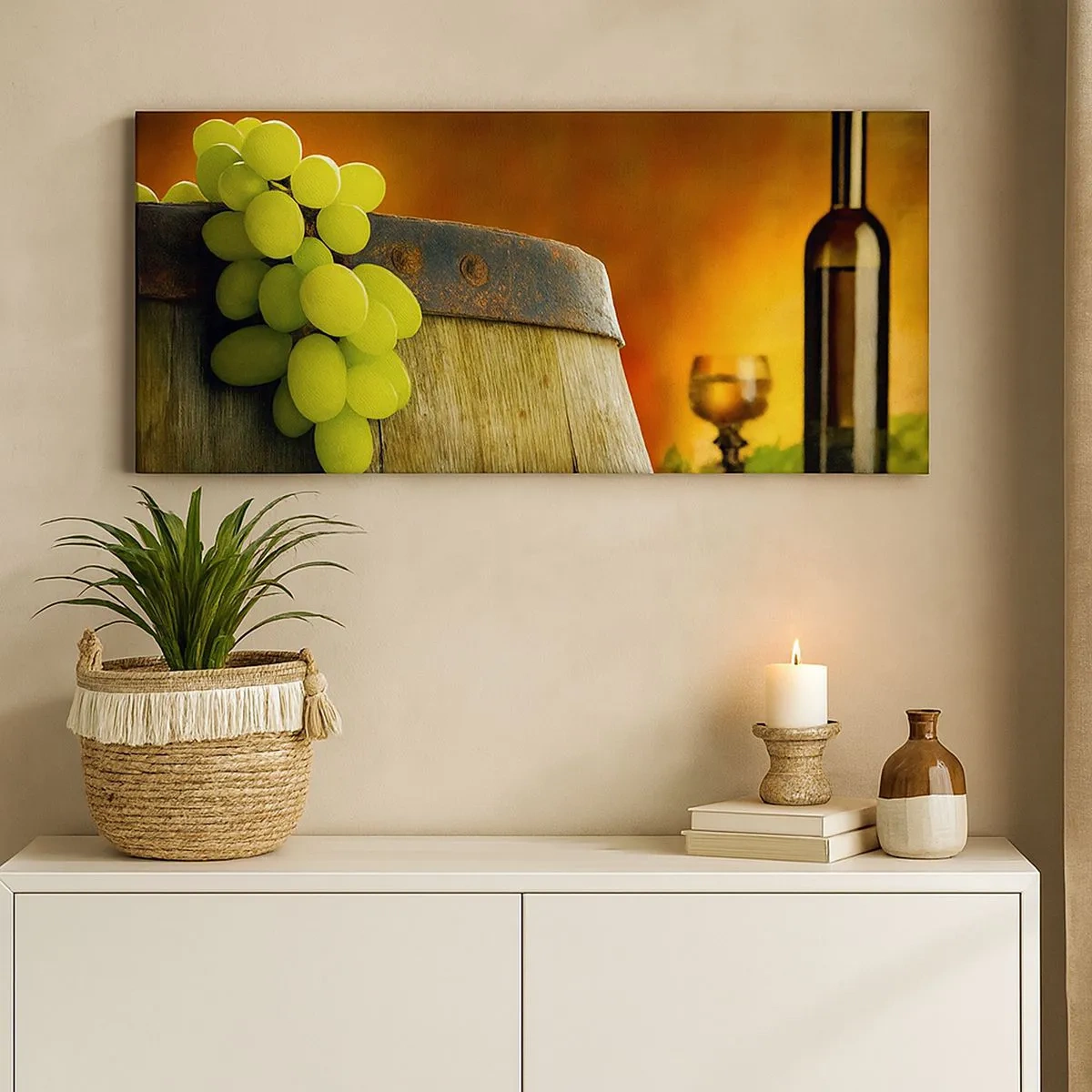 Cuadro sobre lienzo - Impresión de Imagen - Bodegón con botella de vino y racimo de uvas - 100x40 cm