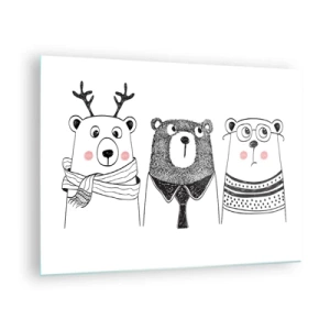 Cuadro sobre vidrio - Impresiones sobre Vidrio - Tres osos divertidos en una ilustración en blanco y negro - 70x50cm - Tres osos - Decoración de pared moderna para salón y dormitorio ARTTOR