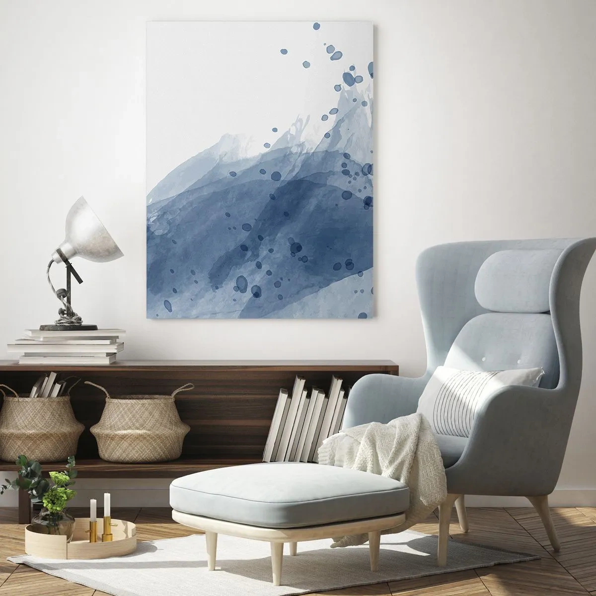 Cuadro sobre vidrio - Impresiones sobre Vidrio - Manchas y rayas abstractas en tonos azules - 80x120cm - Tul azul - Decoración de pared moderna para salón y dormitorio ARTTOR