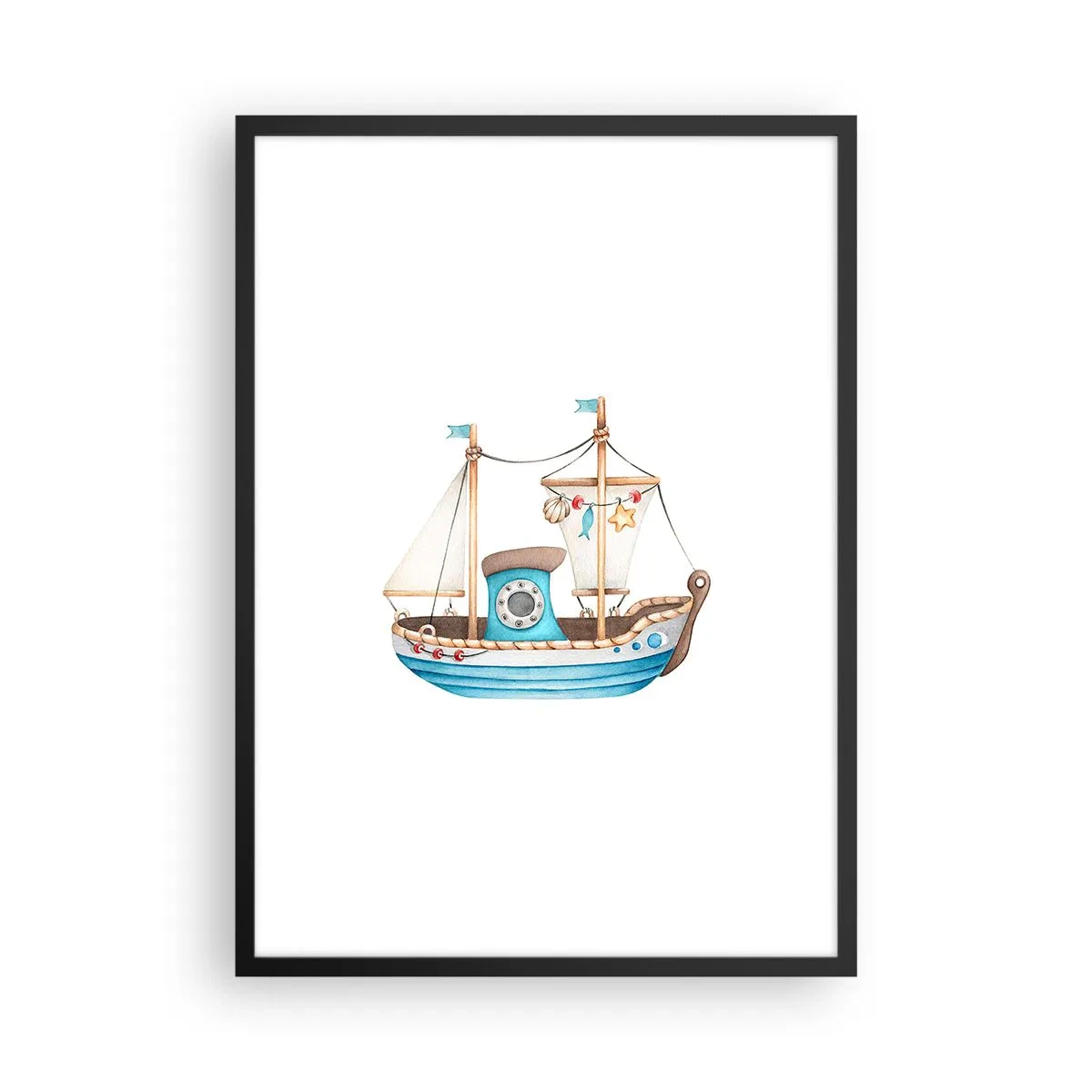 Póster en marco negro - Barco de acuarela en tonos pastel de azul y beige. - 50x70cm - A la aventura - Decoración de pared moderna para salón y dormitorio ARTTOR