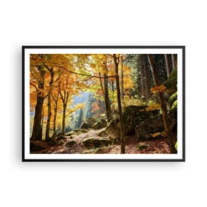 Póster en marco negro - Un bosque otoñal lleno de hojas doradas y luz solar. - 100x70cm - Tiempo de descanso - Decoración de pared moderna para salón y dormitorio ARTTOR