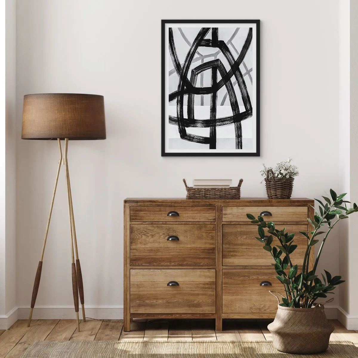 Póster en marco negro - Líneas negras geométricas sobre un fondo claro en una composición abstracta - 50x70cm - Construir profundidad - Decoración de pared moderna para salón y dormitorio ARTTOR